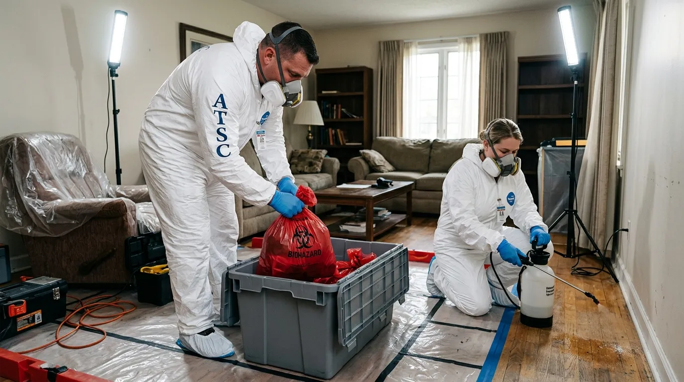 Professional Hazmat Cleanup technician in full PPE working in West Sedona
